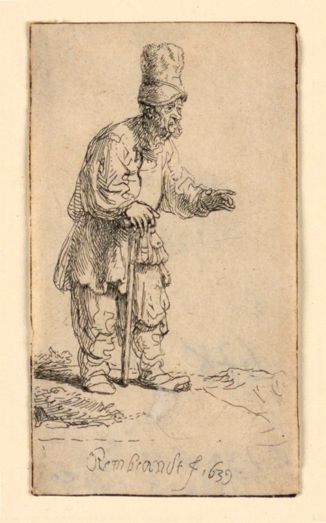 Un Campesino con un Gorro Alto, Apoyado en un Bastón de Rembrandt van Rijn