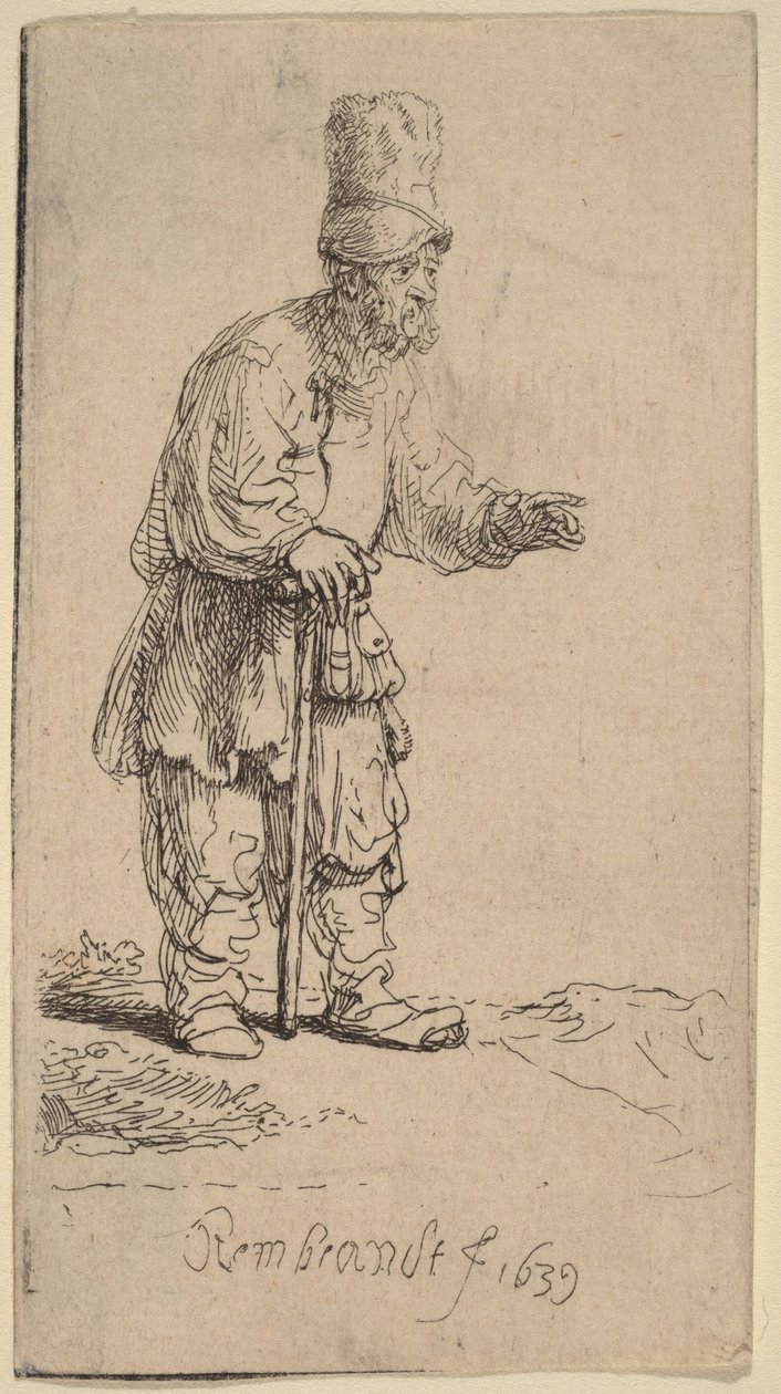 Un campesino con gorro de pico alto, de pie y apoyado en un bastón de Rembrandt van Rijn