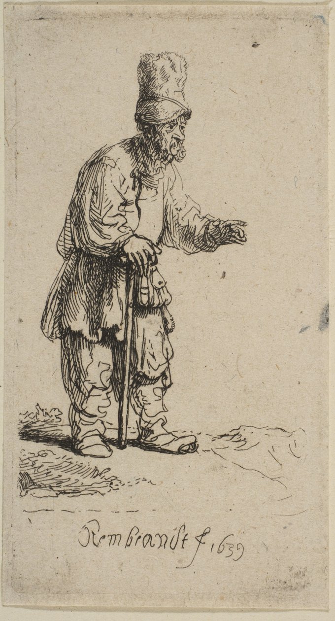 Un campesino con un gorro alto, de pie apoyado en un bastón, 1639 de Rembrandt van Rijn
