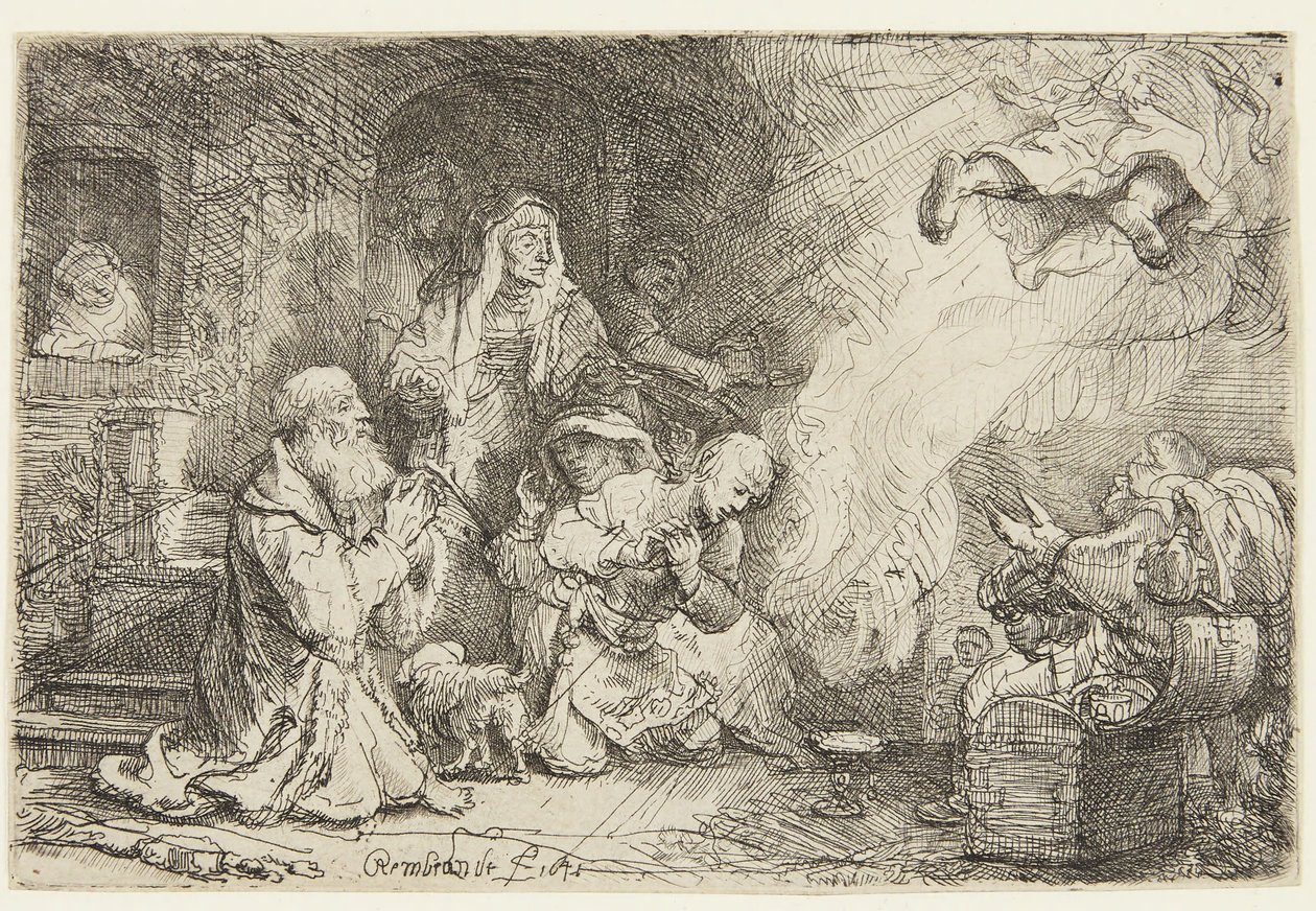 El ángel se despide de la familia de Tobías de Rembrandt van Rijn