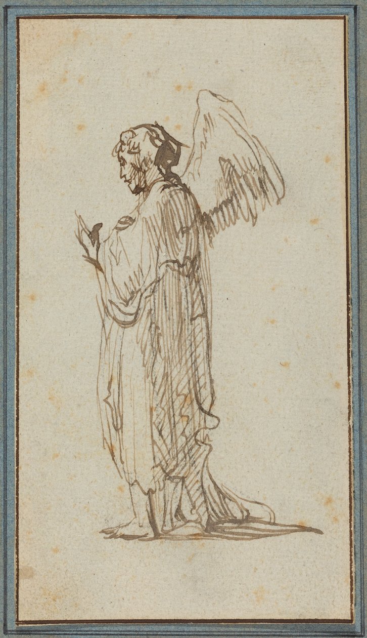 Ángel de pie (pluma y tinta marrón sobre trazos de carboncillo sobre papel verjurado) de Rembrandt van Rijn