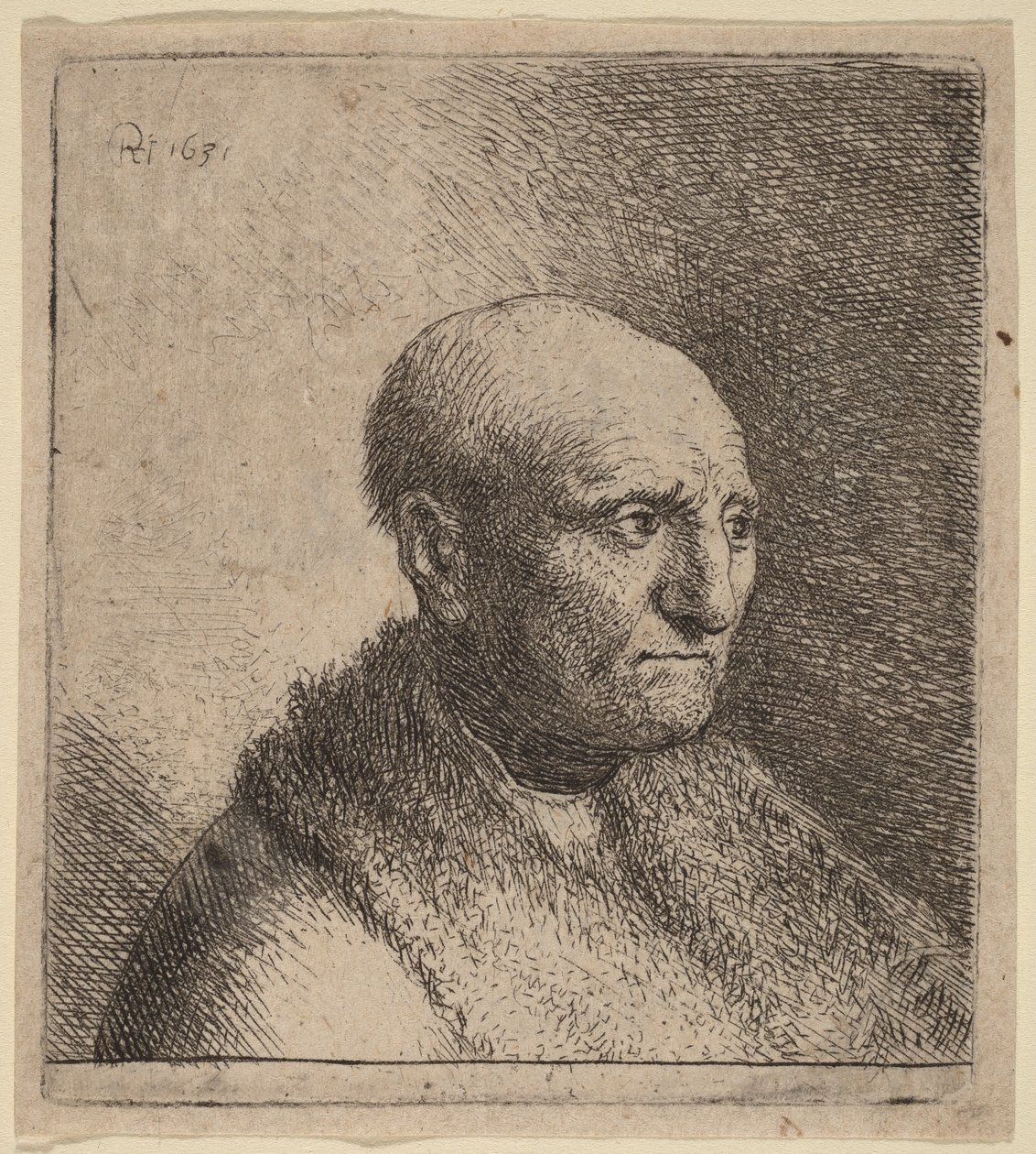 Un hombre calvo con una capa de piel de Rembrandt van Rijn