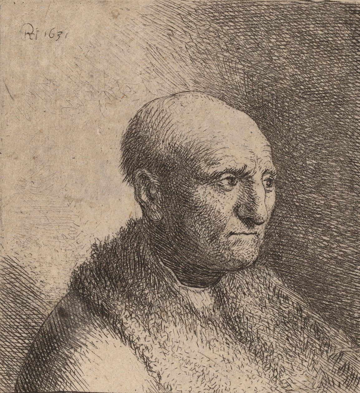 Hombre calvo con capa de piel, c. 1630 de Rembrandt van Rijn