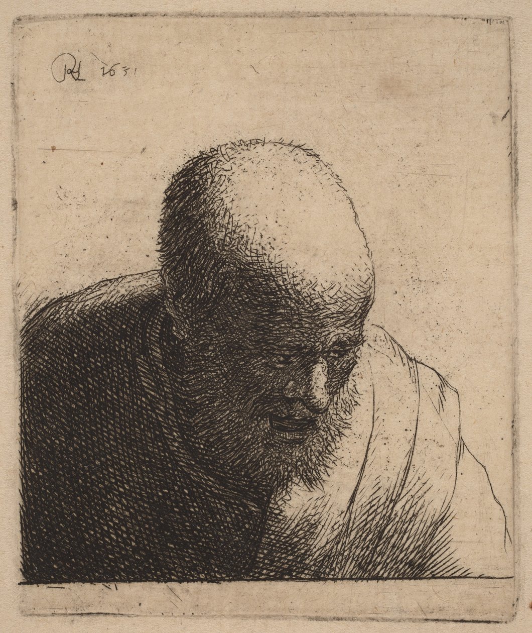 Hombre calvo con la boca abierta, mirando hacia abajo de Rembrandt van Rijn