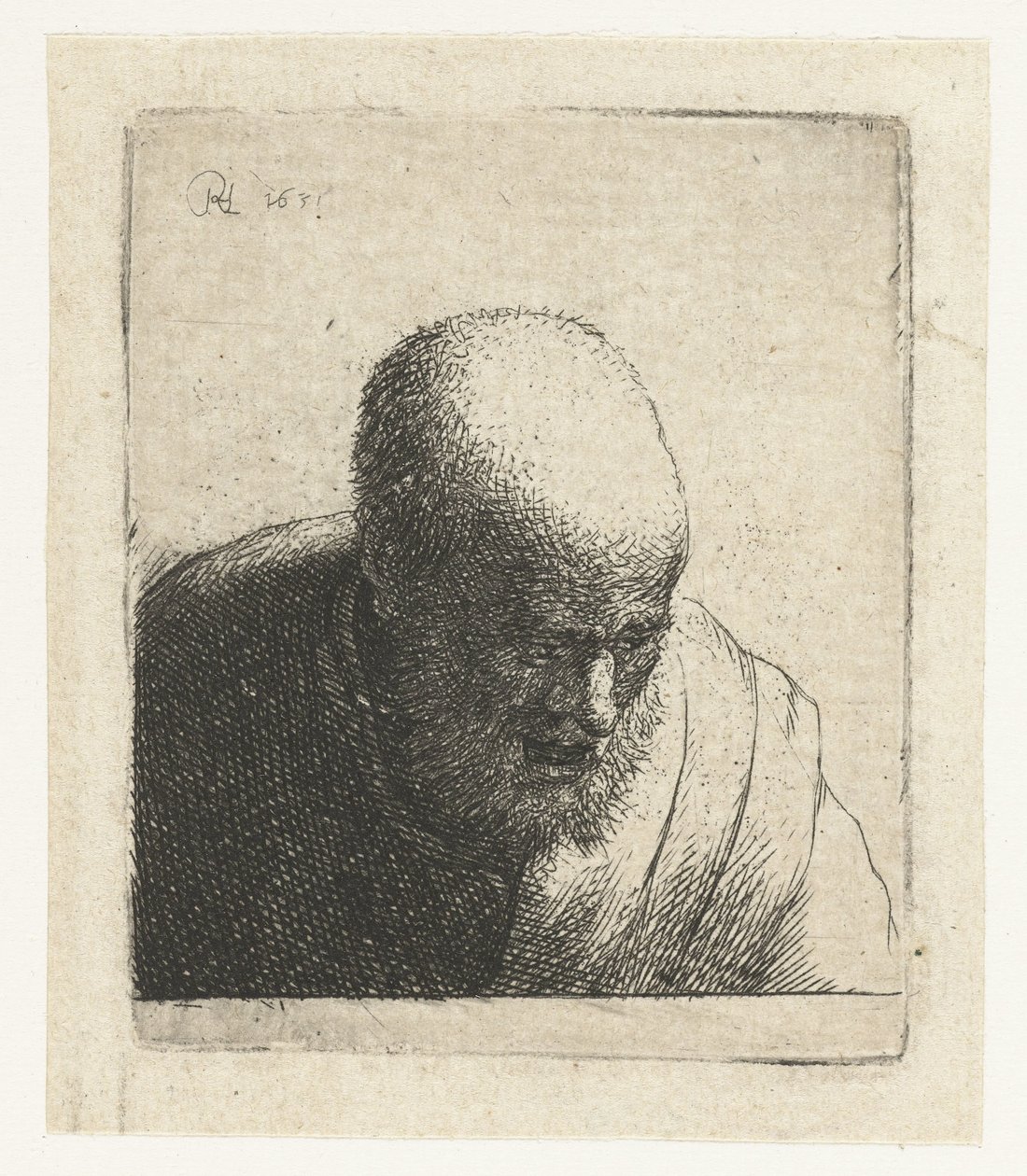 Hombre calvo con la boca abierta, mirando hacia abajo: busto de Rembrandt van Rijn