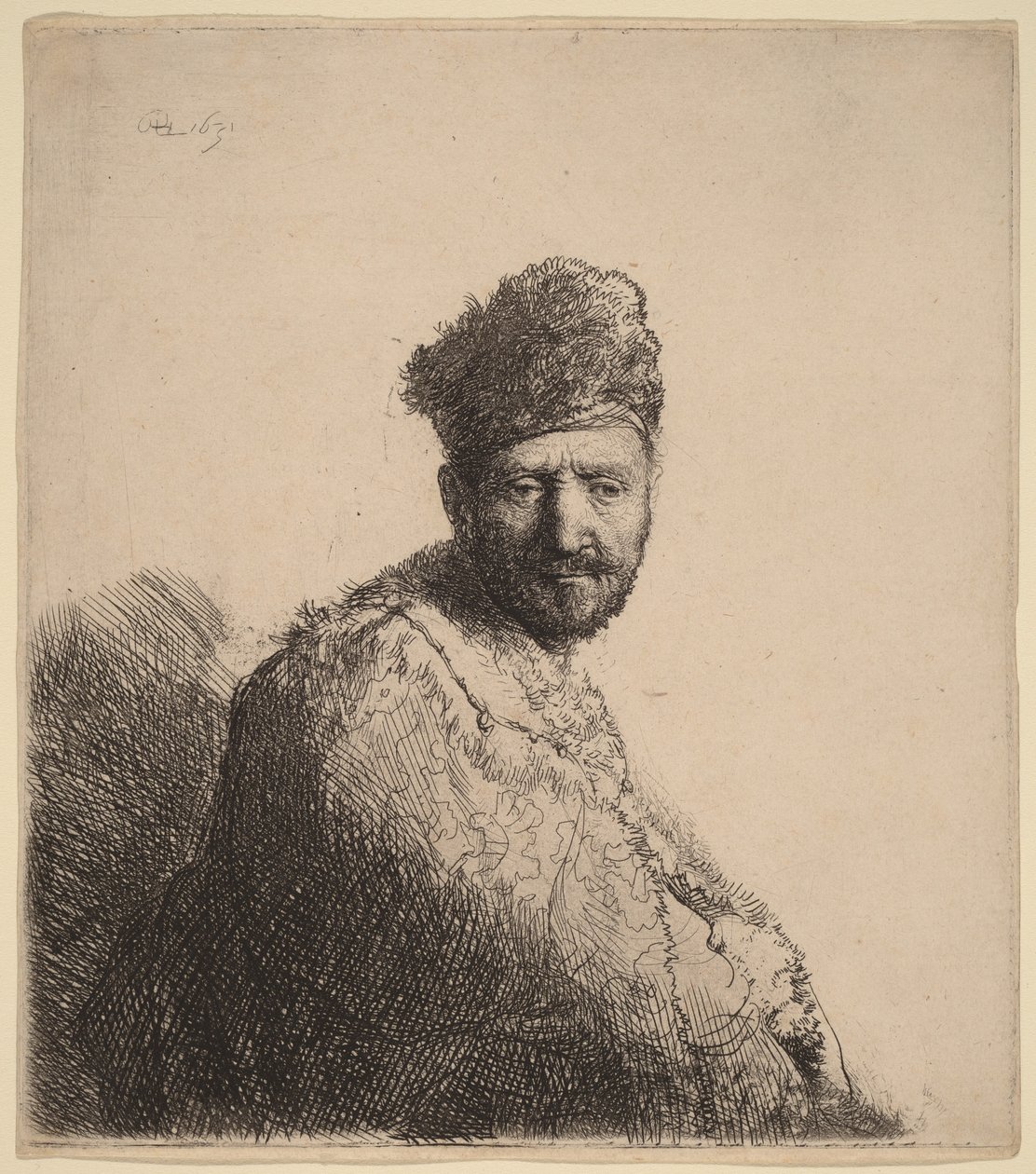 Hombre barbudo, con gorro oriental forrado de piel y túnica: el padre del artista de Rembrandt van Rijn
