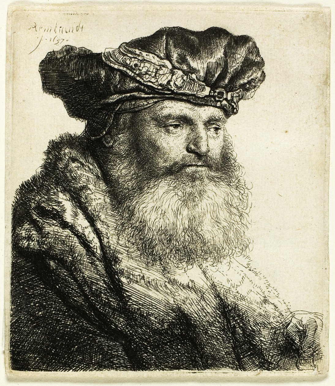 Hombre barbudo con gorra de terciopelo con broche de joya de Rembrandt van Rijn