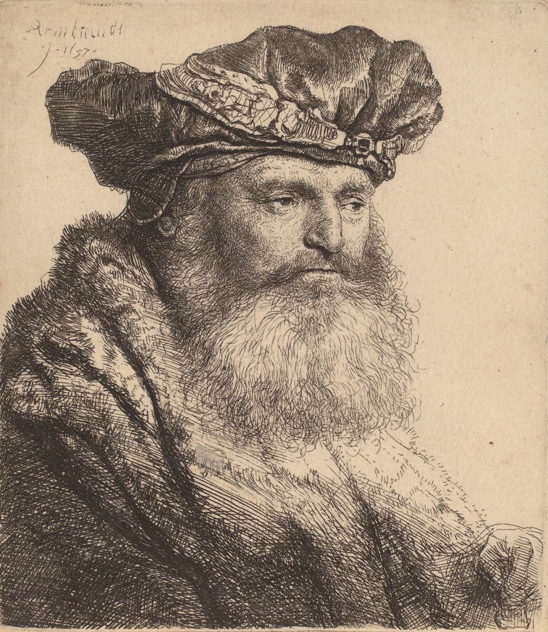 Hombre Barbudo con Gorro de Terciopelo y Broche de Joya, 1637 de Rembrandt van Rijn