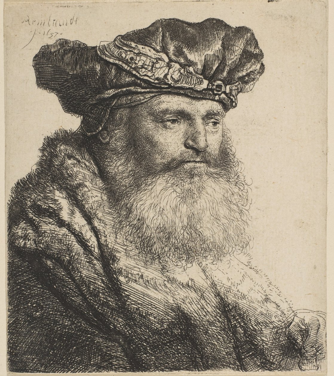 Hombre barbudo con gorra de terciopelo con broche de joya de Rembrandt van Rijn