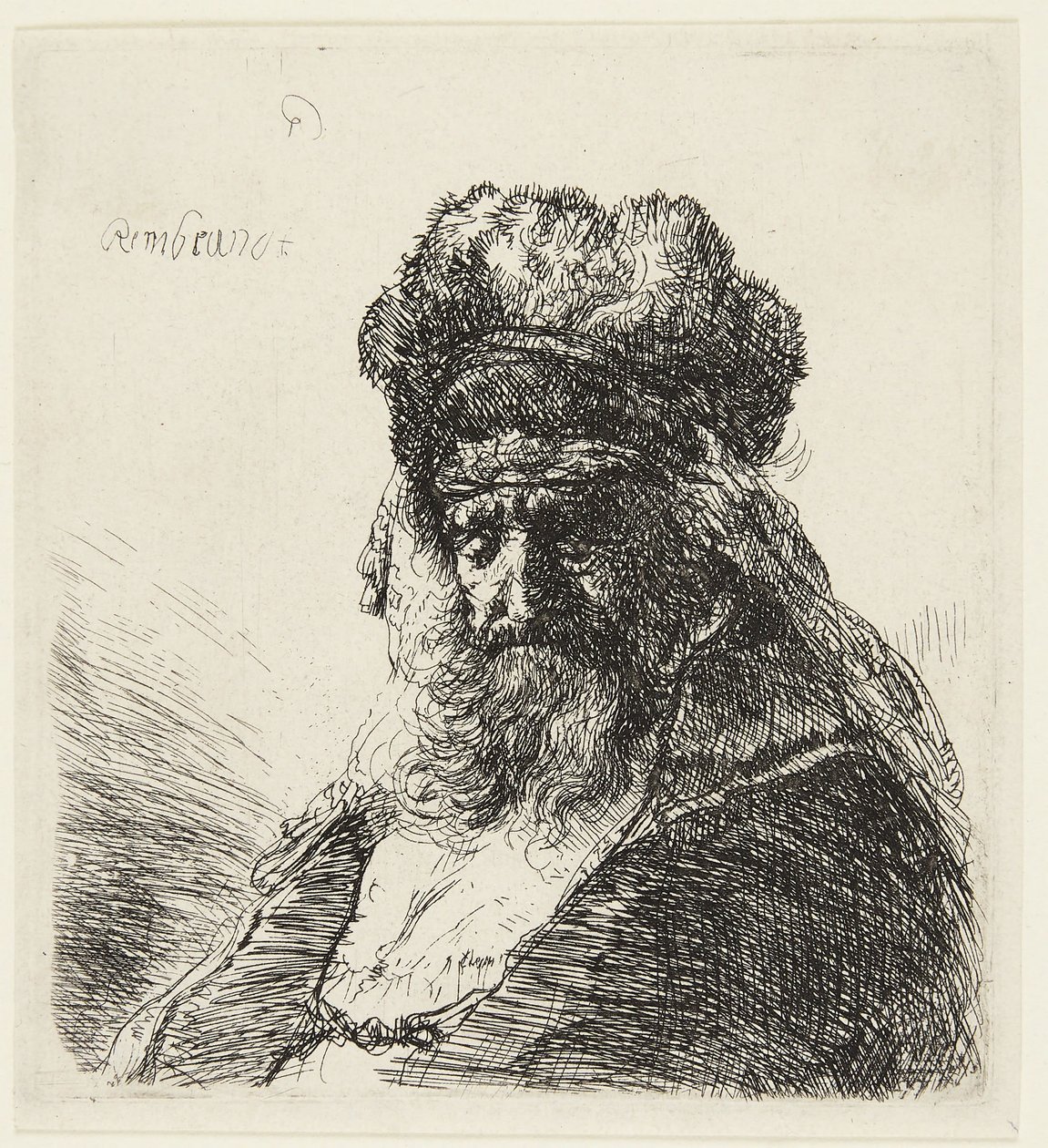 Anciano barbudo con un gorro alto de piel y los ojos cerrados de Rembrandt van Rijn