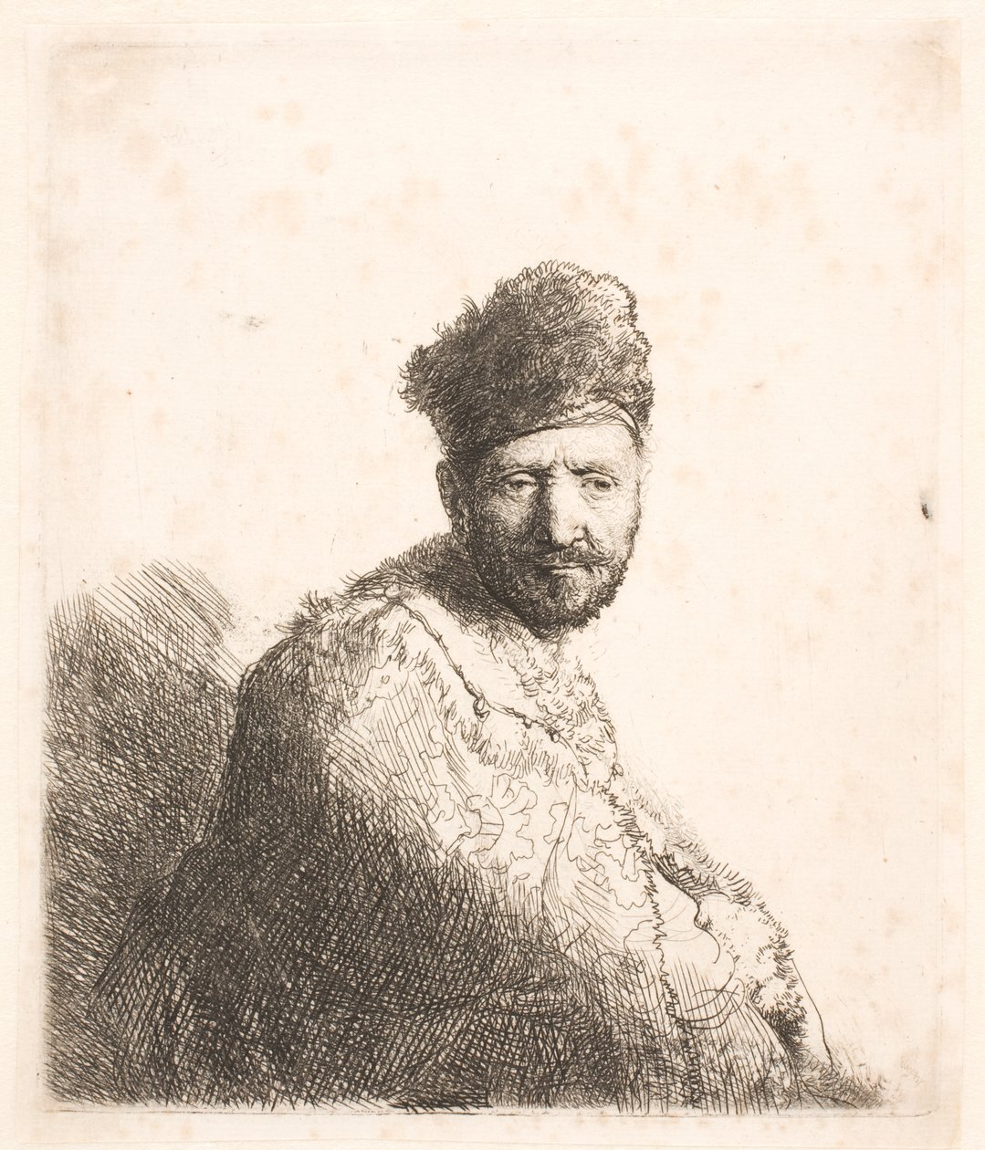 Hombre barbudo (¿el padre de Rembrandt) con gorro oriental forrado de piel y túnica: retrato de medio cuerpo de Rembrandt van Rijn