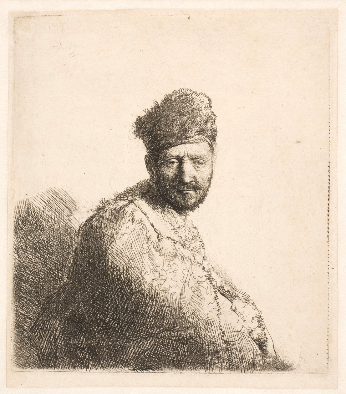 Hombre barbudo (¿el padre de Rembrandt) con gorro oriental forrado de piel y túnica: retrato de medio cuerpo de Rembrandt van Rijn