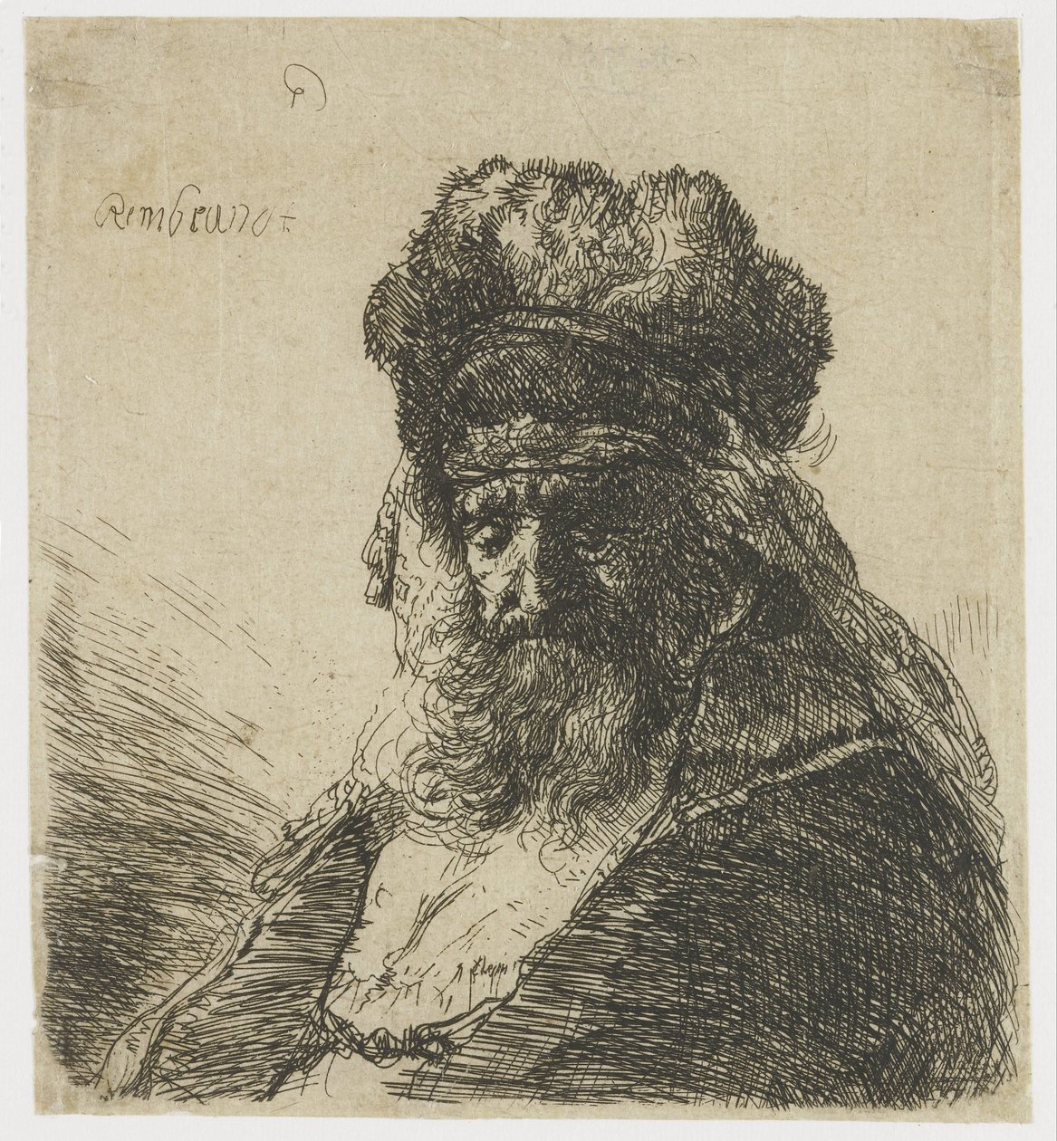 Viejo barbudo con gorro de piel alto, con los ojos cerrados de Rembrandt van Rijn