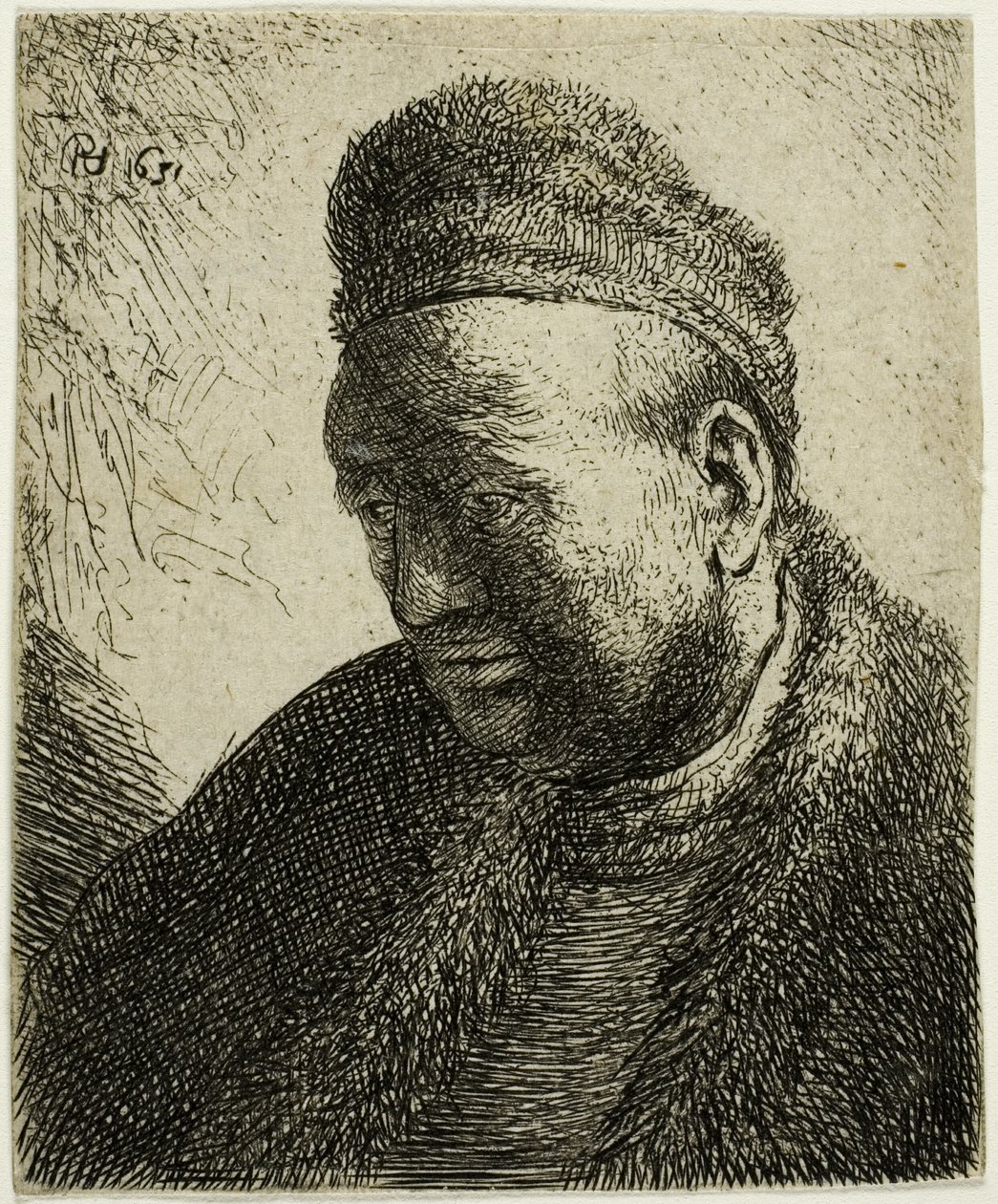 Hombre sin barba con abrigo de piel y gorra: busto de Rembrandt van Rijn