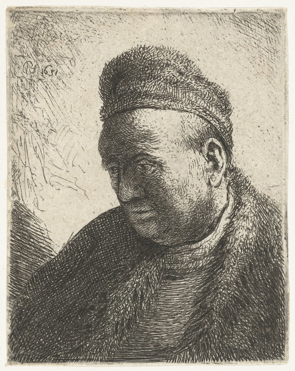 Hombre sin barba con capa de piel y gorra: busto de Rembrandt van Rijn