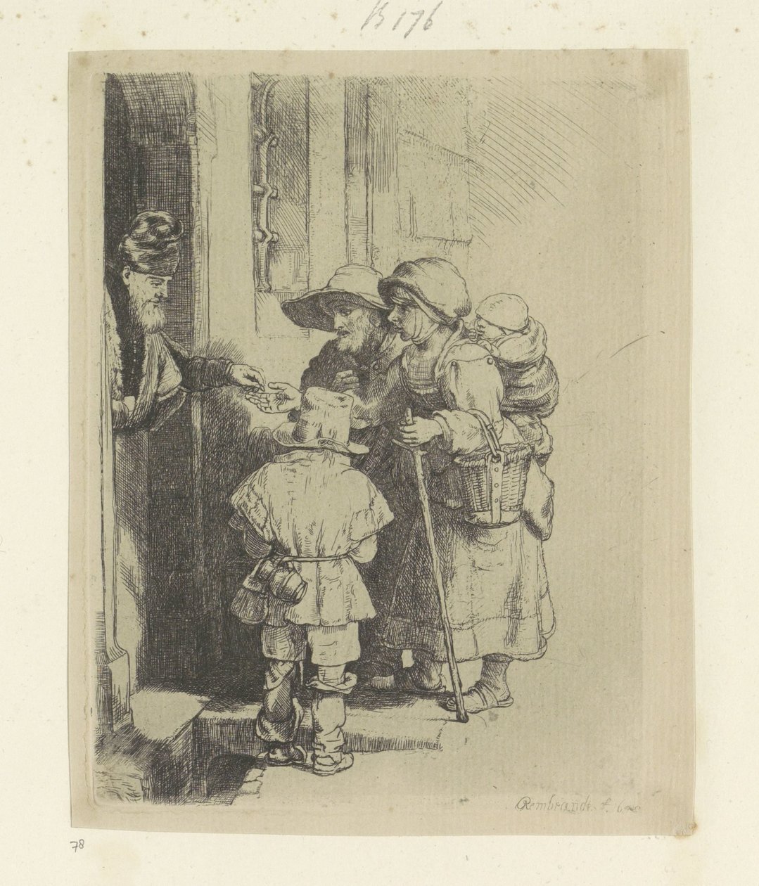 Familia mendiga recibe limosna en la puerta de una casa Recueil de quatre-vingt-cinq estampes originales (título de la serie) de Rembrandt van Rijn