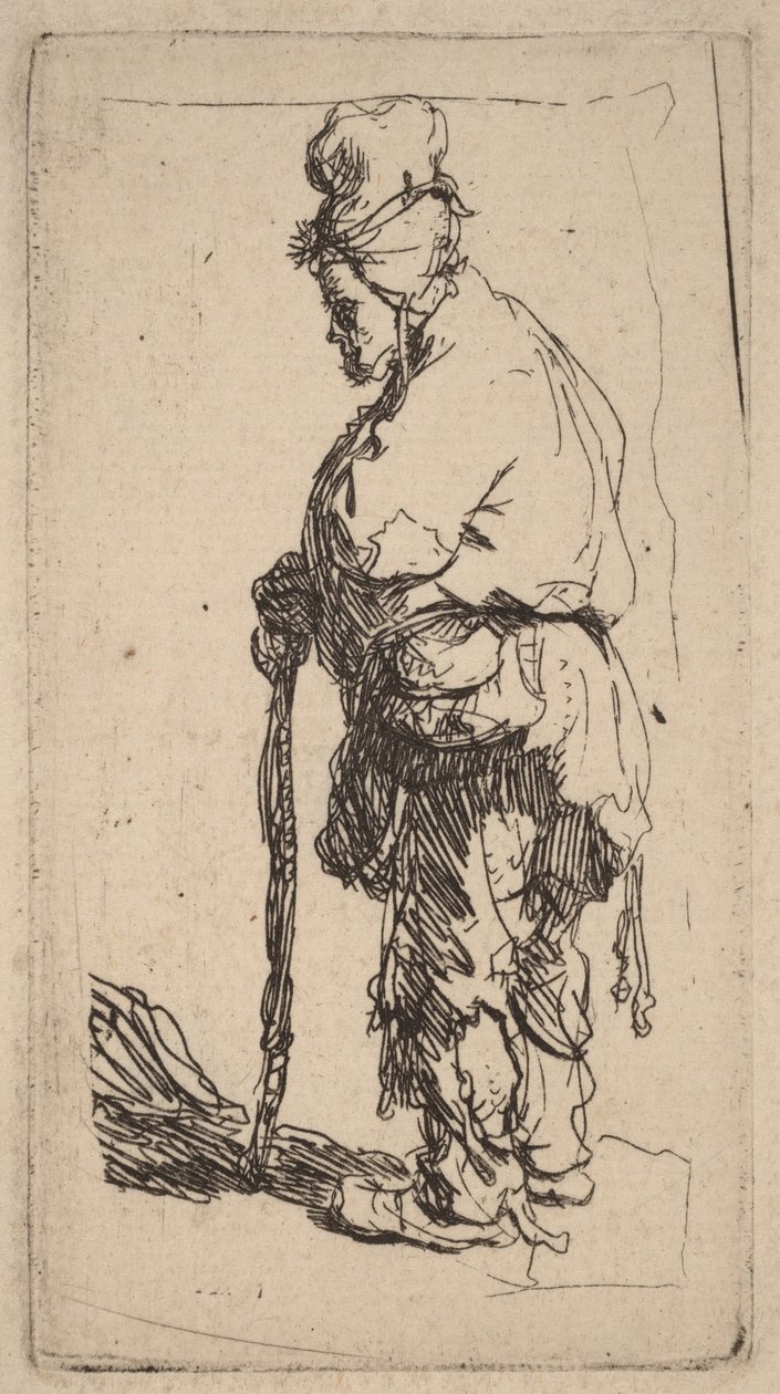 Mendigo apoyado en un bastón, mirando hacia la izquierda de Rembrandt van Rijn