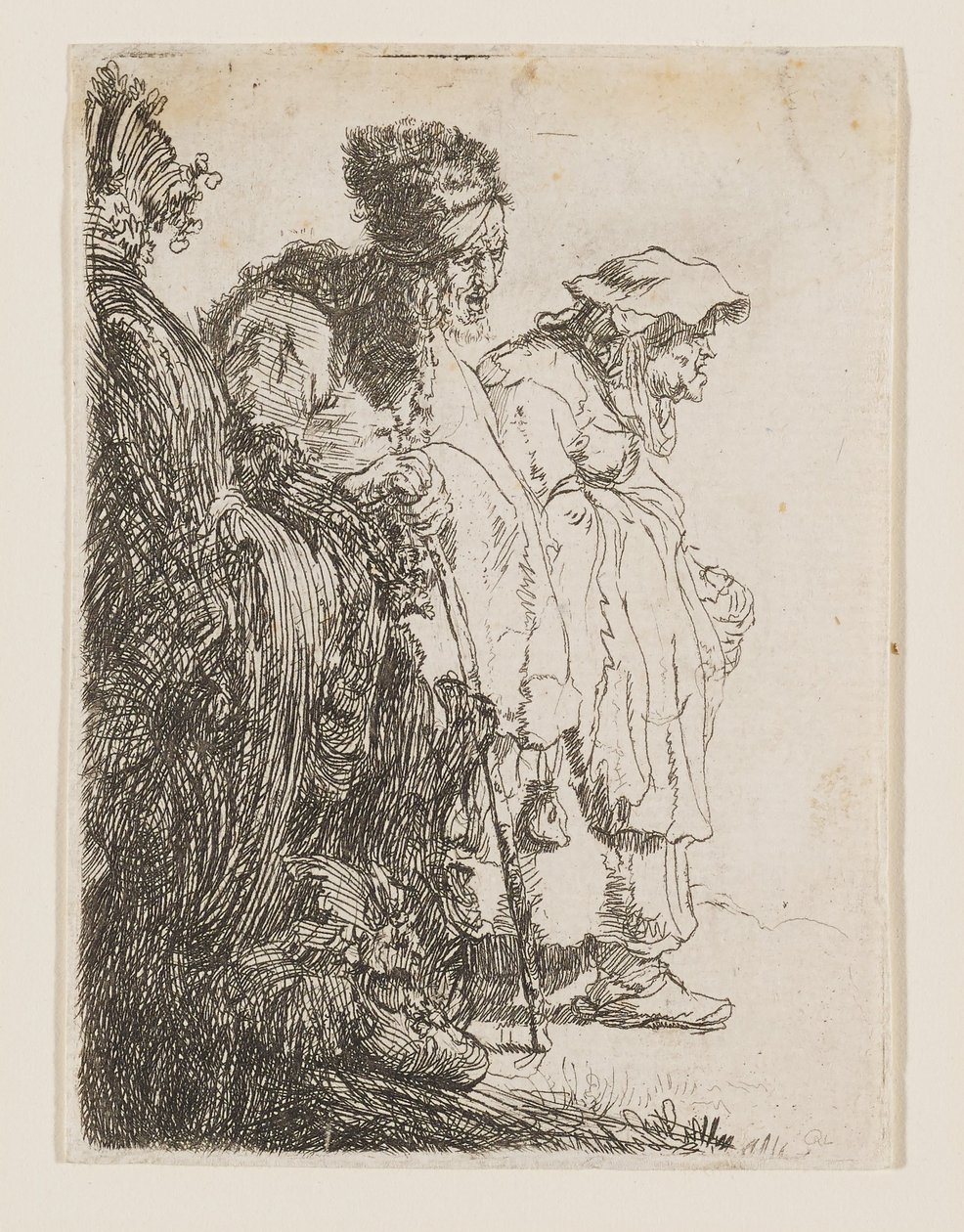 Un mendigo y una mendiga detrás de un banco de Rembrandt van Rijn