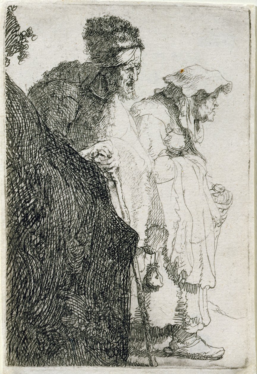 Mendigo y Mendiga Detrás de un Banco, c.1630 de Rembrandt van Rijn