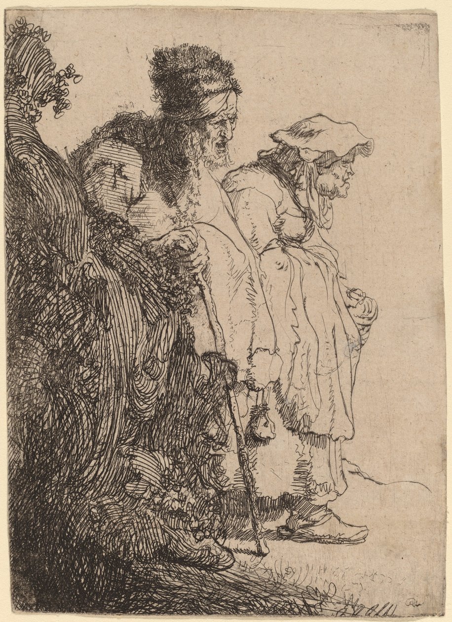Mendigo hombre y mujer detrás de un banco de Rembrandt van Rijn