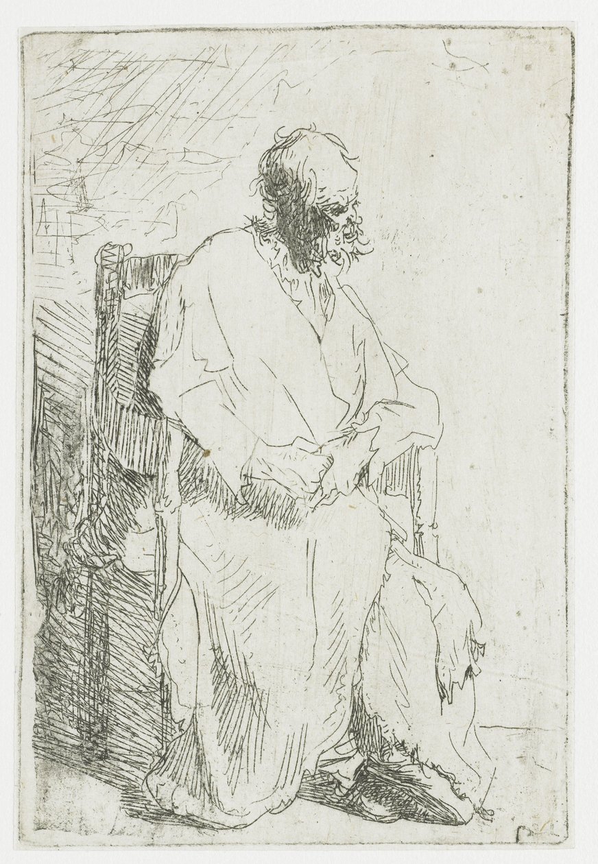 Mendigo, sentado en un sillón de Rembrandt van Rijn