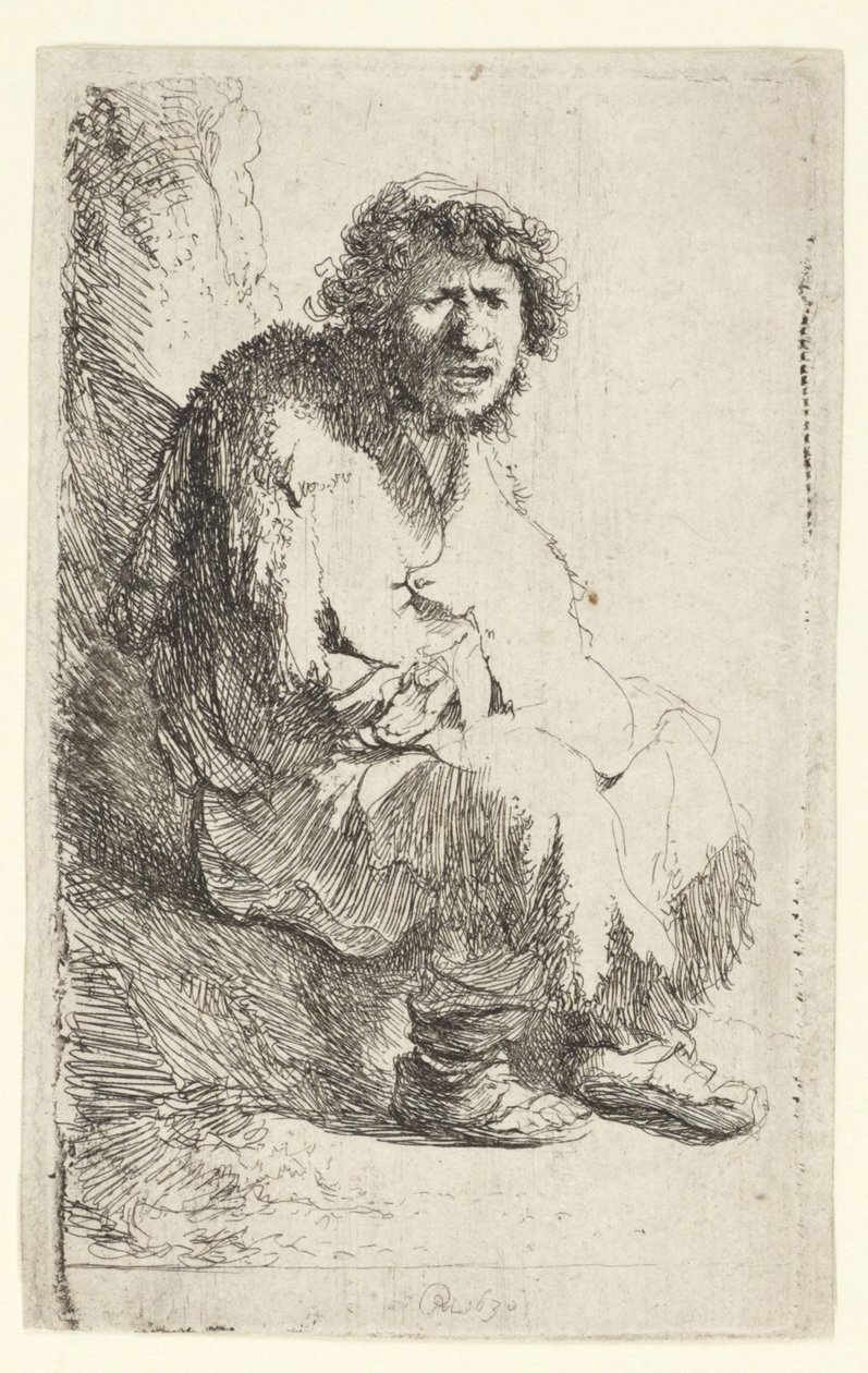 Mendigo sentado en un banco de Rembrandt van Rijn