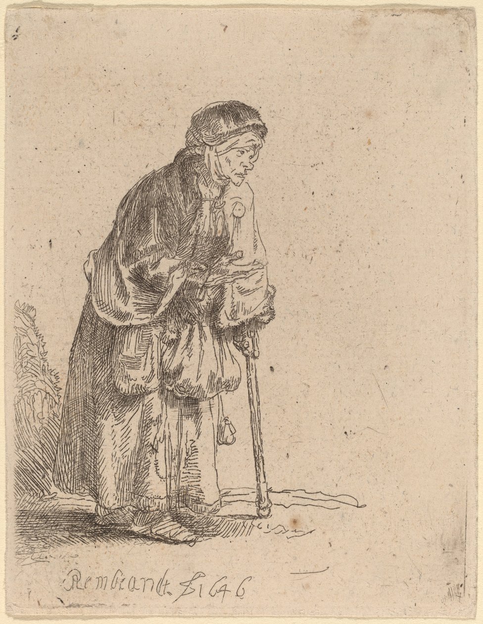 Mendiga apoyada en un bastón de Rembrandt van Rijn