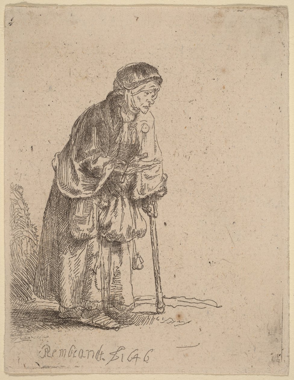 Mujer mendiga apoyada en un bastón de Rembrandt van Rijn