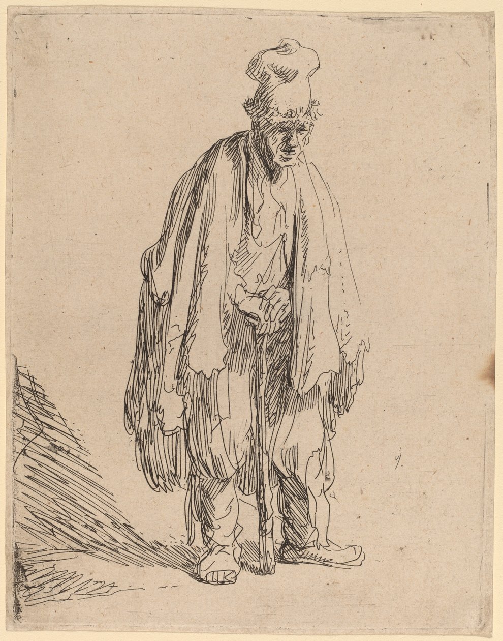 Mendigo con gorro alto, de pie y apoyado en un bastón de Rembrandt van Rijn