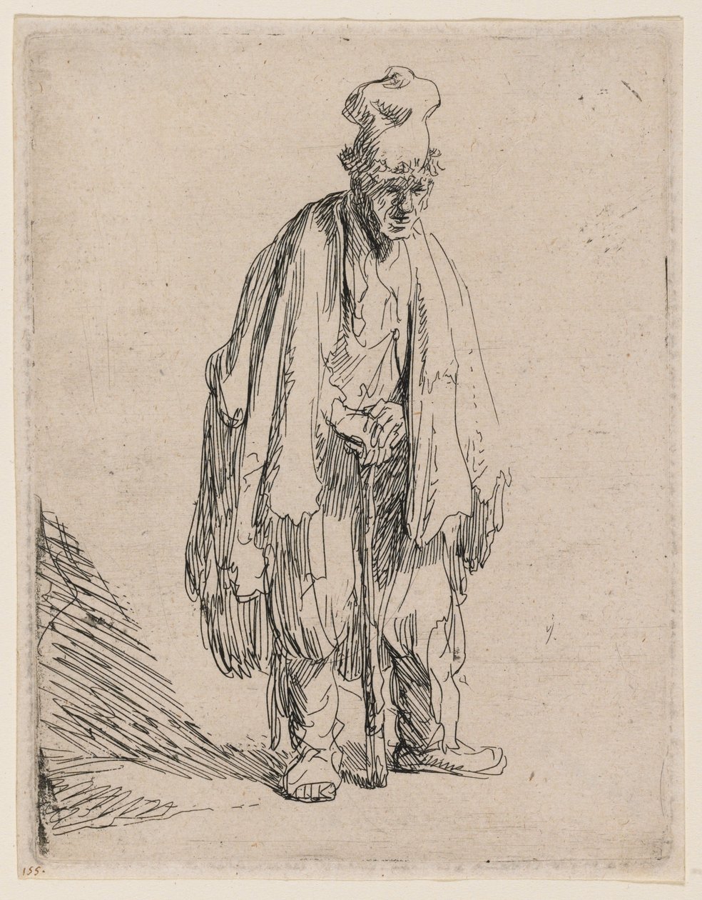 Mendigo con gorra de visera alta, de pie y apoyado en un bastón de Rembrandt van Rijn