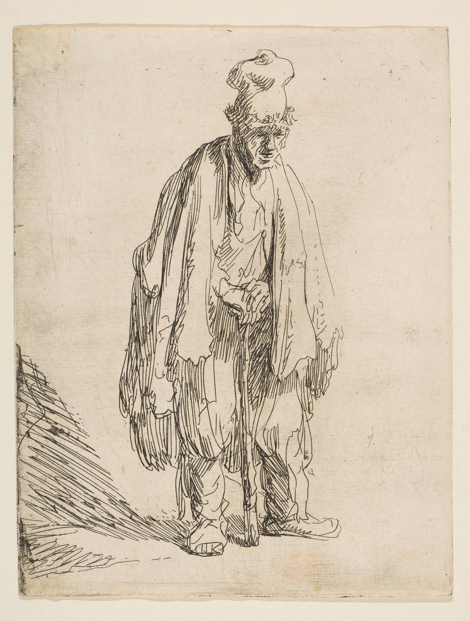 Mendigo con un gorro alto, de pie y apoyado en un bastón, ca. 1629 de Rembrandt van Rijn