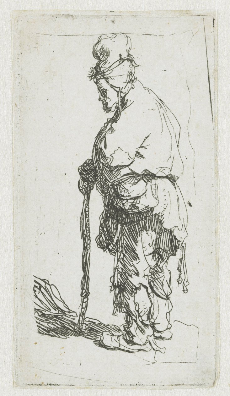 Mendigo apoyado en un bastón, mirando hacia la izquierda de Rembrandt van Rijn
