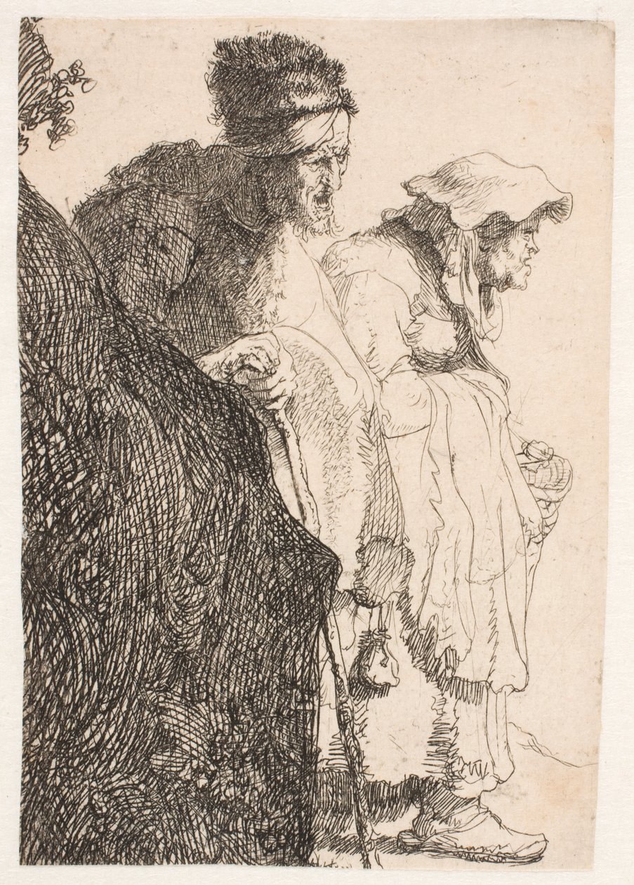 Un mendigo y una mendiga detrás de un banco de Rembrandt van Rijn