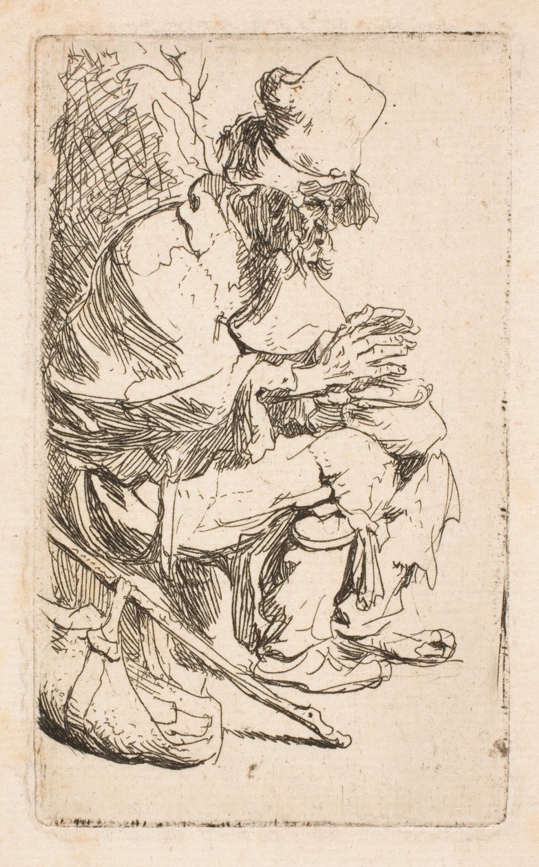 Un mendigo sentado calentándose las manos junto a un calentador de comida de Rembrandt van Rijn