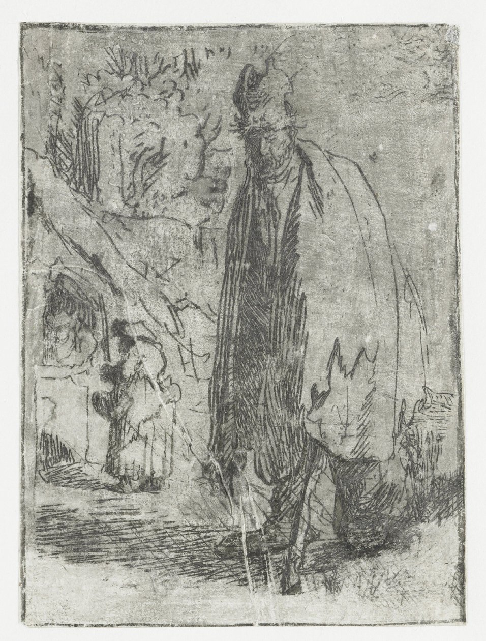 Un mendigo con una casita y dos figuras al fondo de Rembrandt van Rijn