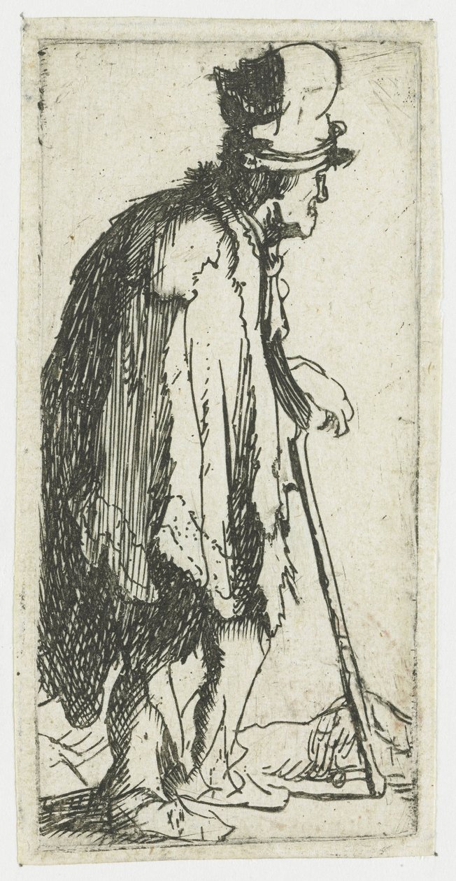 Mendigo con la mano cerrada, apoyado en un bastón de Rembrandt van Rijn