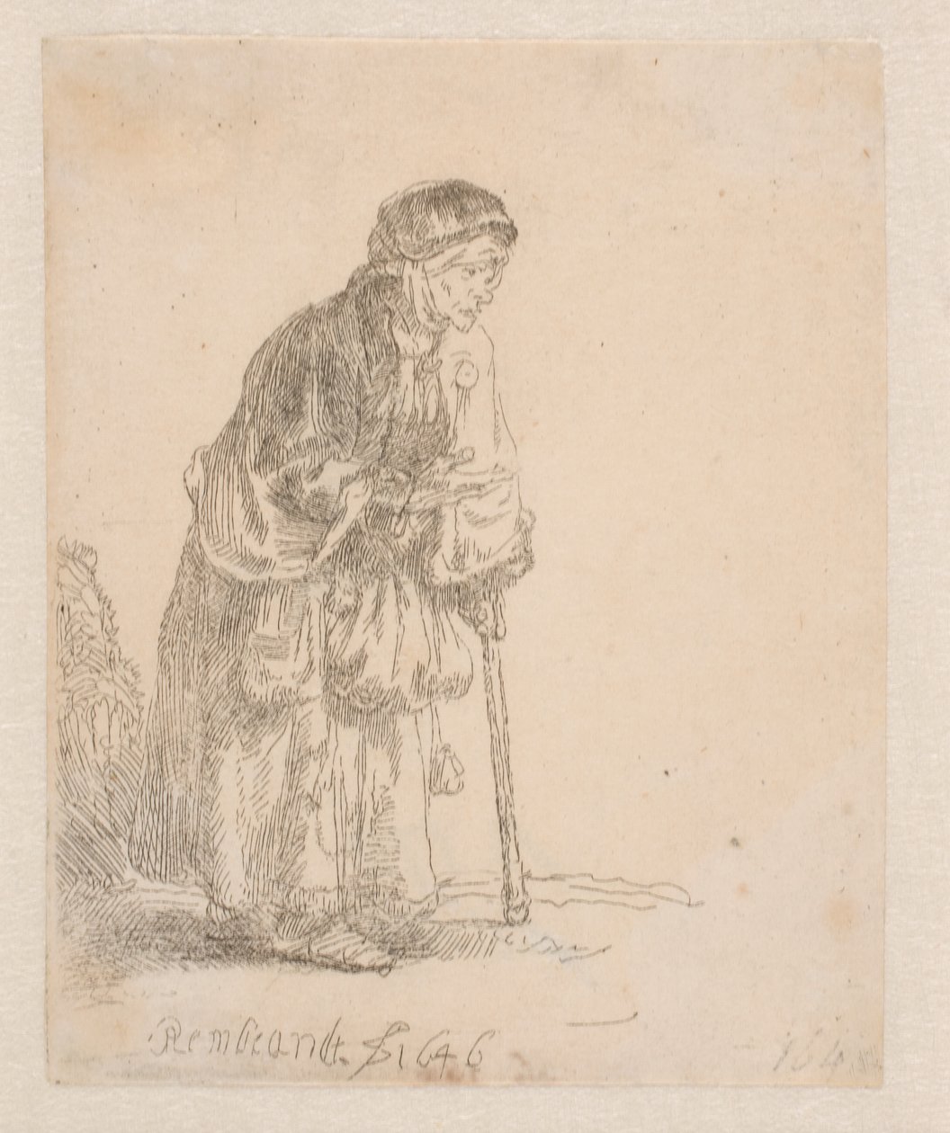 Mujer mendiga apoyada en un bastón de Rembrandt van Rijn