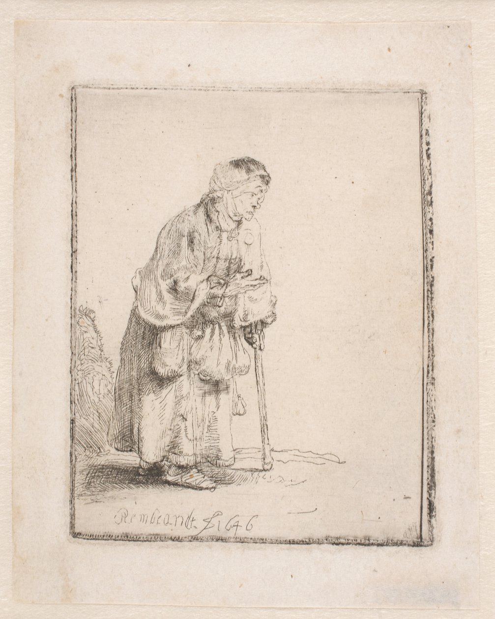 Mujer mendiga apoyada en un bastón de Rembrandt van Rijn