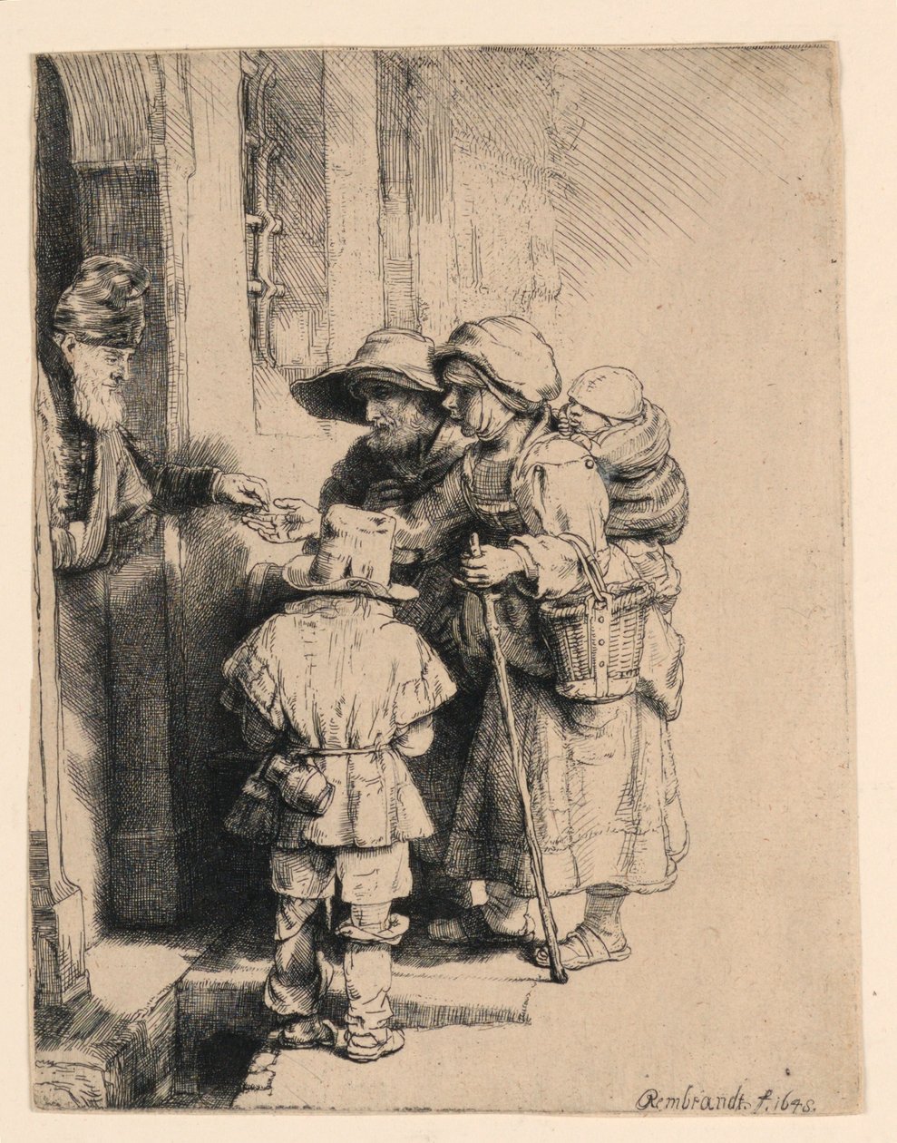 Mendigos recibiendo limosnas en la puerta de una casa de Rembrandt van Rijn