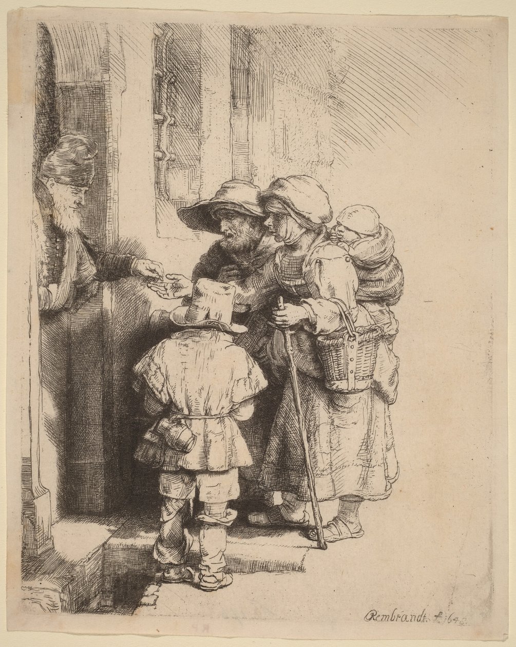 Mendigos que reciben limosna en la puerta de una casa de Rembrandt van Rijn
