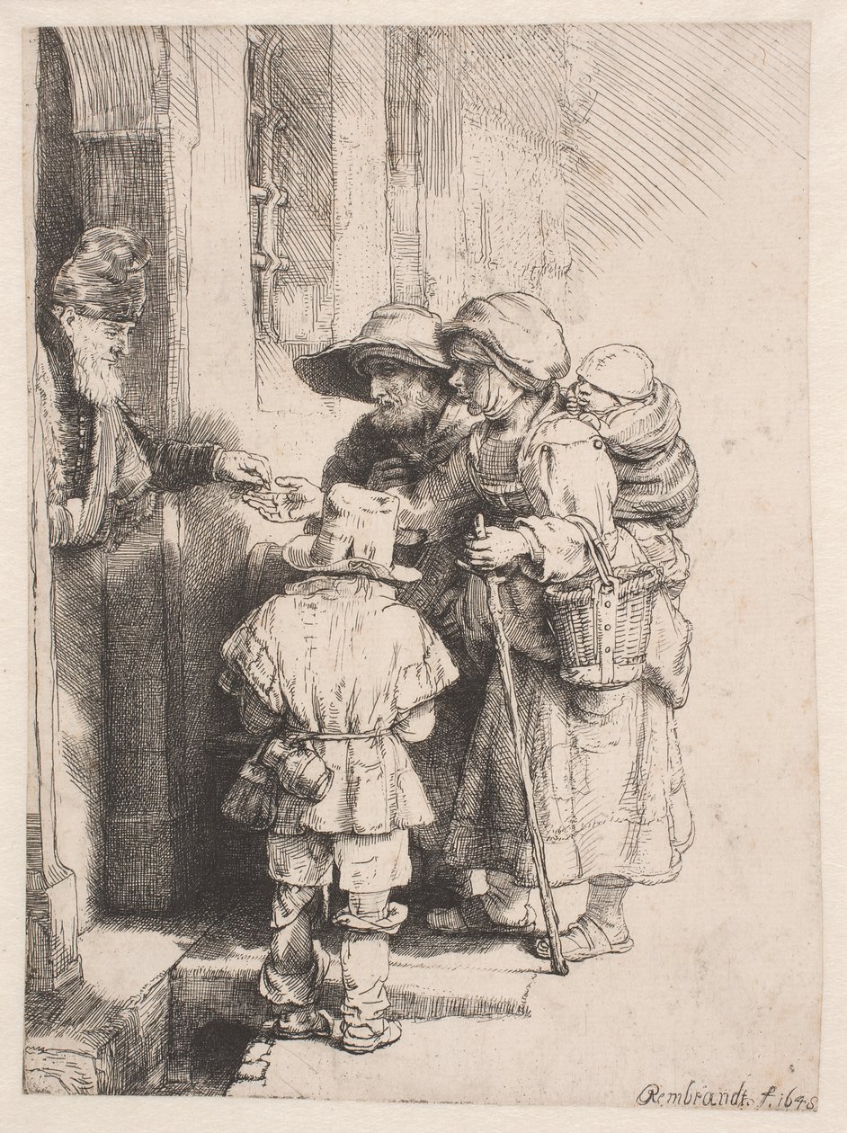 Mendigos que reciben limosna en la puerta de una casa de Rembrandt van Rijn