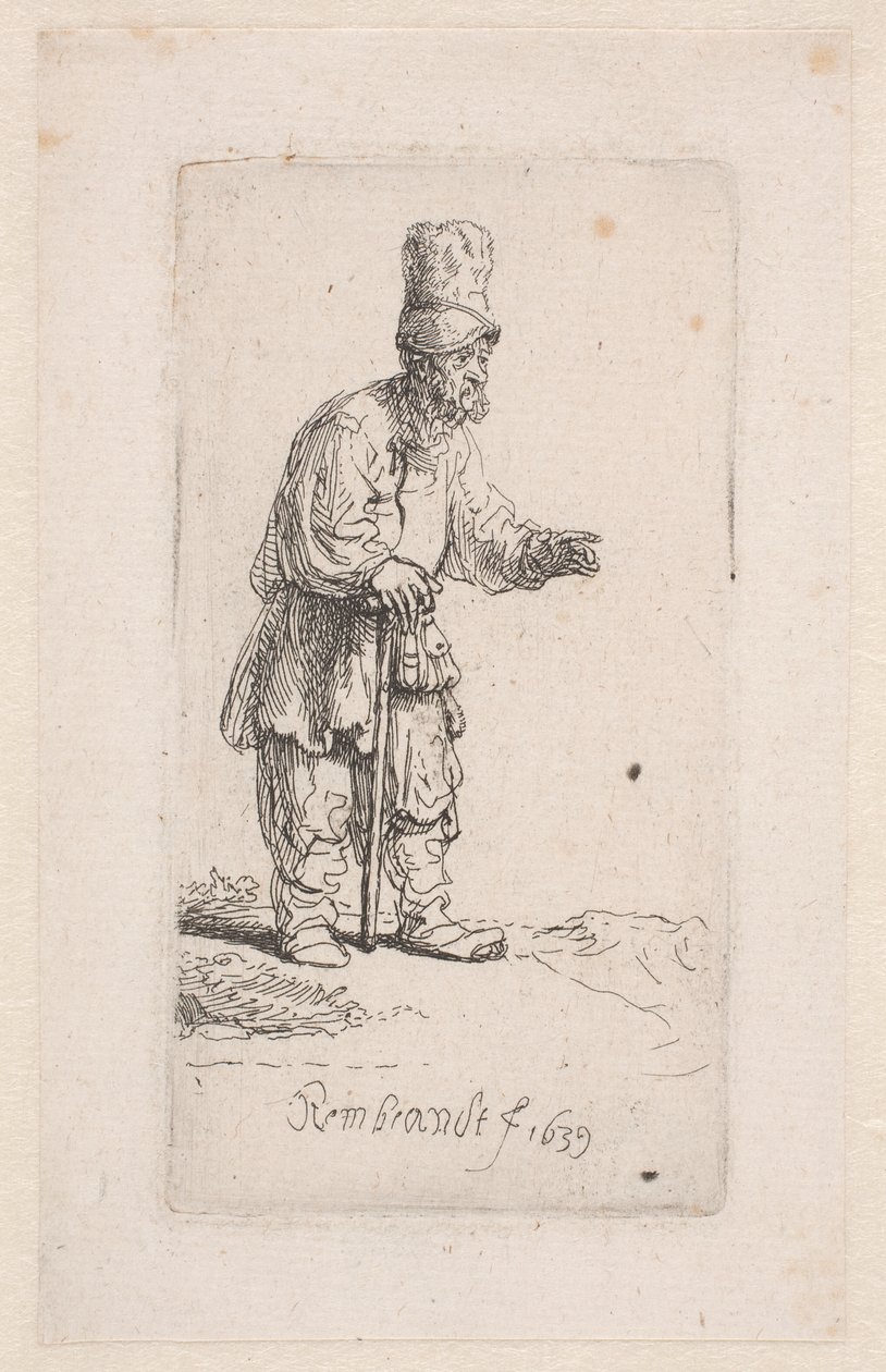 Campesino apoyado en un bastón de Rembrandt van Rijn
