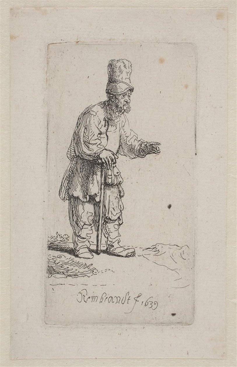Campesino apoyado en un bastón de Rembrandt van Rijn