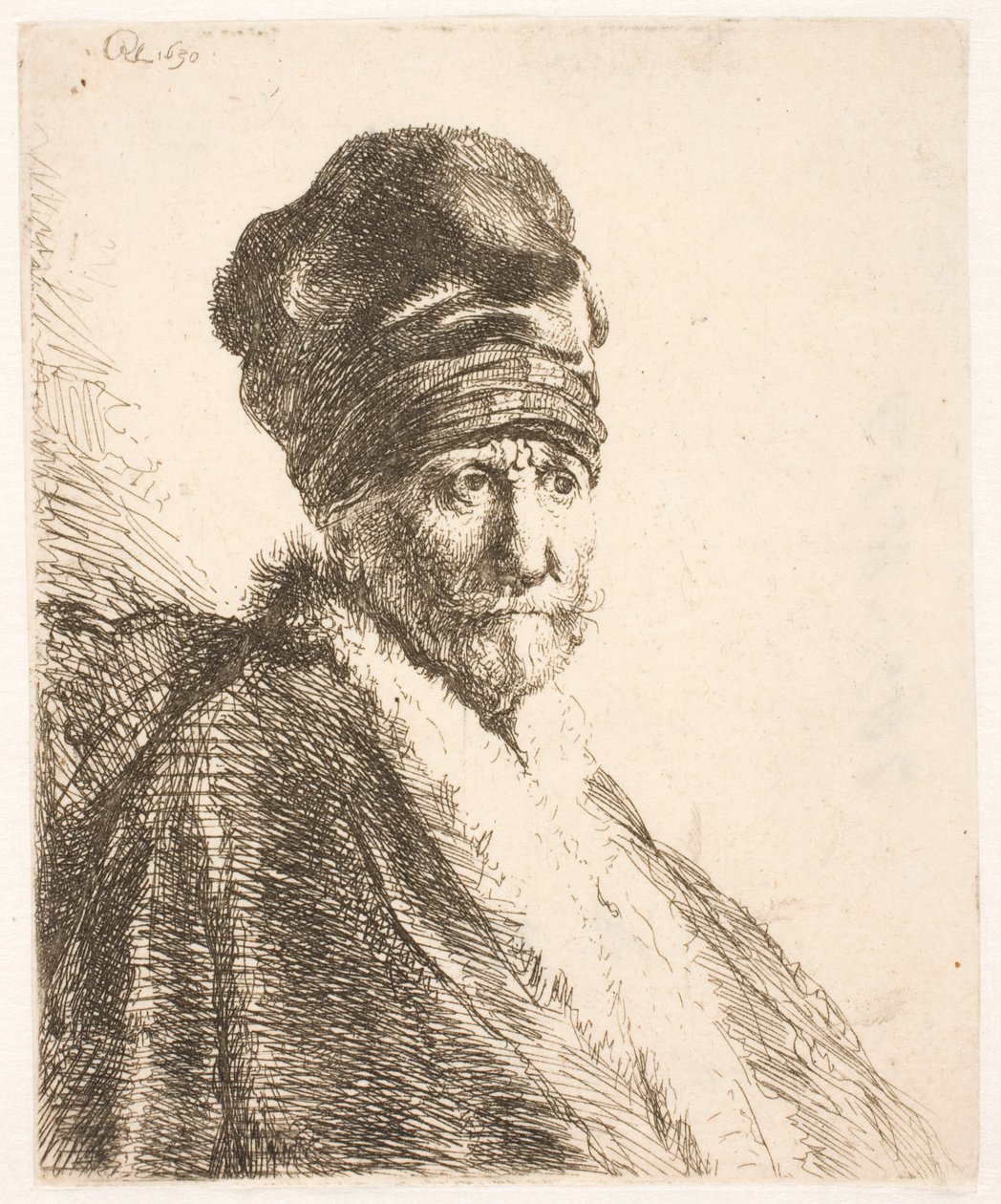 Busto de un hombre (¿el padre de Rembrandt) con gorro alto, visto de tres cuartos de Rembrandt van Rijn