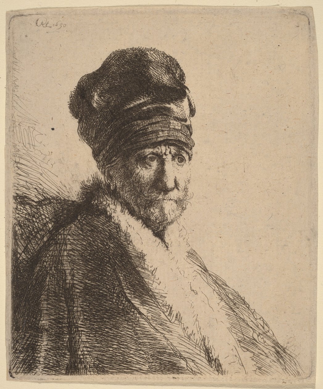 Busto de un hombre con gorra de visera alta, de tres cuartos a la derecha (¿el padre del artista) de Rembrandt van Rijn