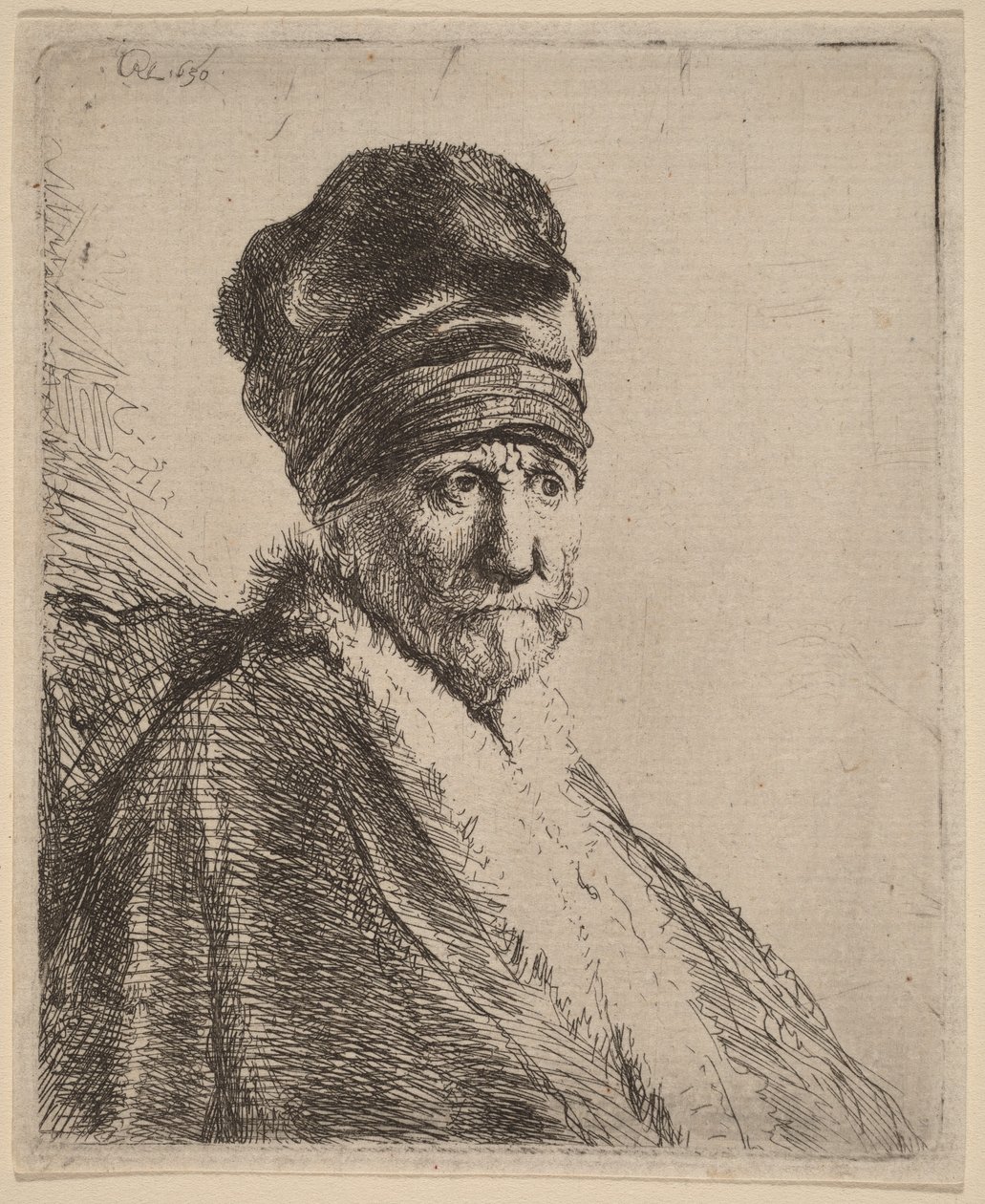 Busto de un hombre con gorra de visera alta, de tres cuartos a la derecha (¿el padre del artista) de Rembrandt van Rijn
