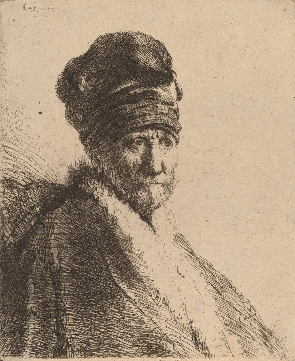 Busto de un hombre con un gorro alto, tres cuartos a la derecha (El padre del artista), 1630 de Rembrandt van Rijn