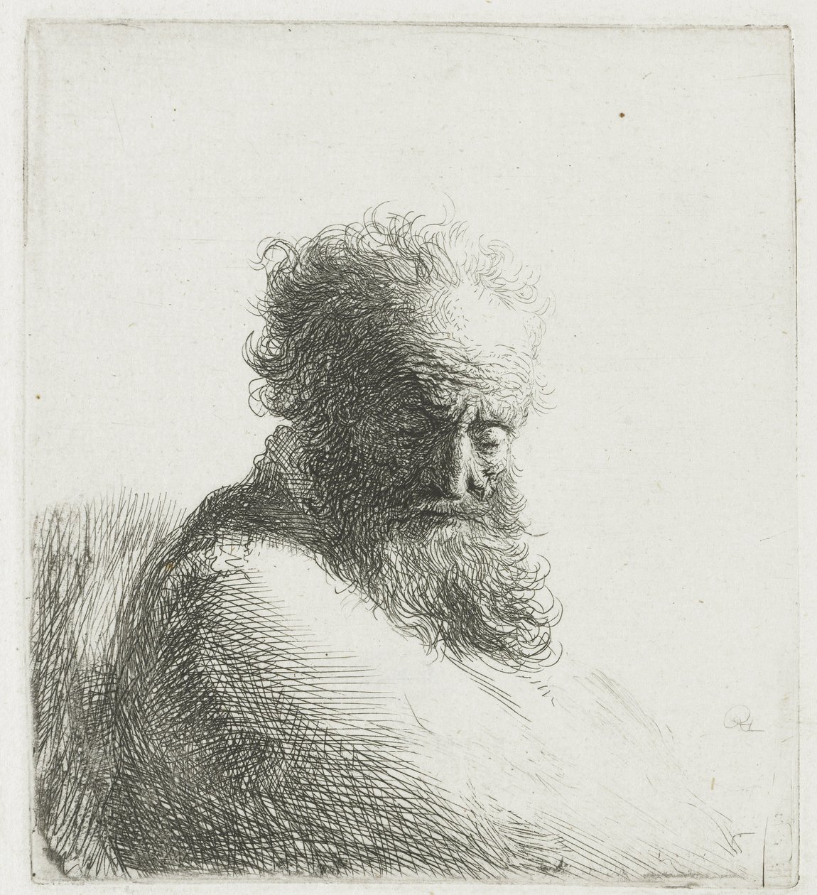 Busto de un anciano con barba, mirando hacia abajo, tres cuartos a la derecha de Rembrandt van Rijn
