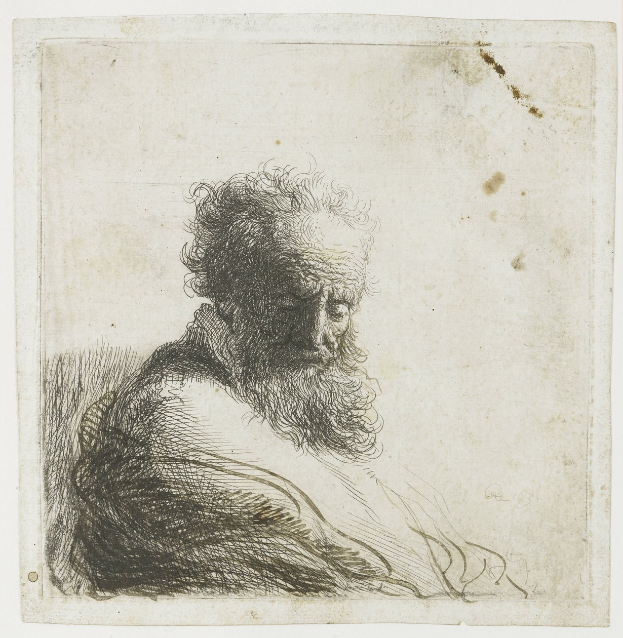 Busto de un anciano con barba, mirando hacia abajo, tres cuartos a la derecha de Rembrandt van Rijn