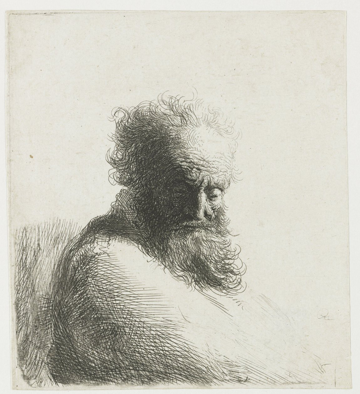 Busto de un anciano con barba, mirando hacia abajo, tres cuartos a la derecha de Rembrandt van Rijn